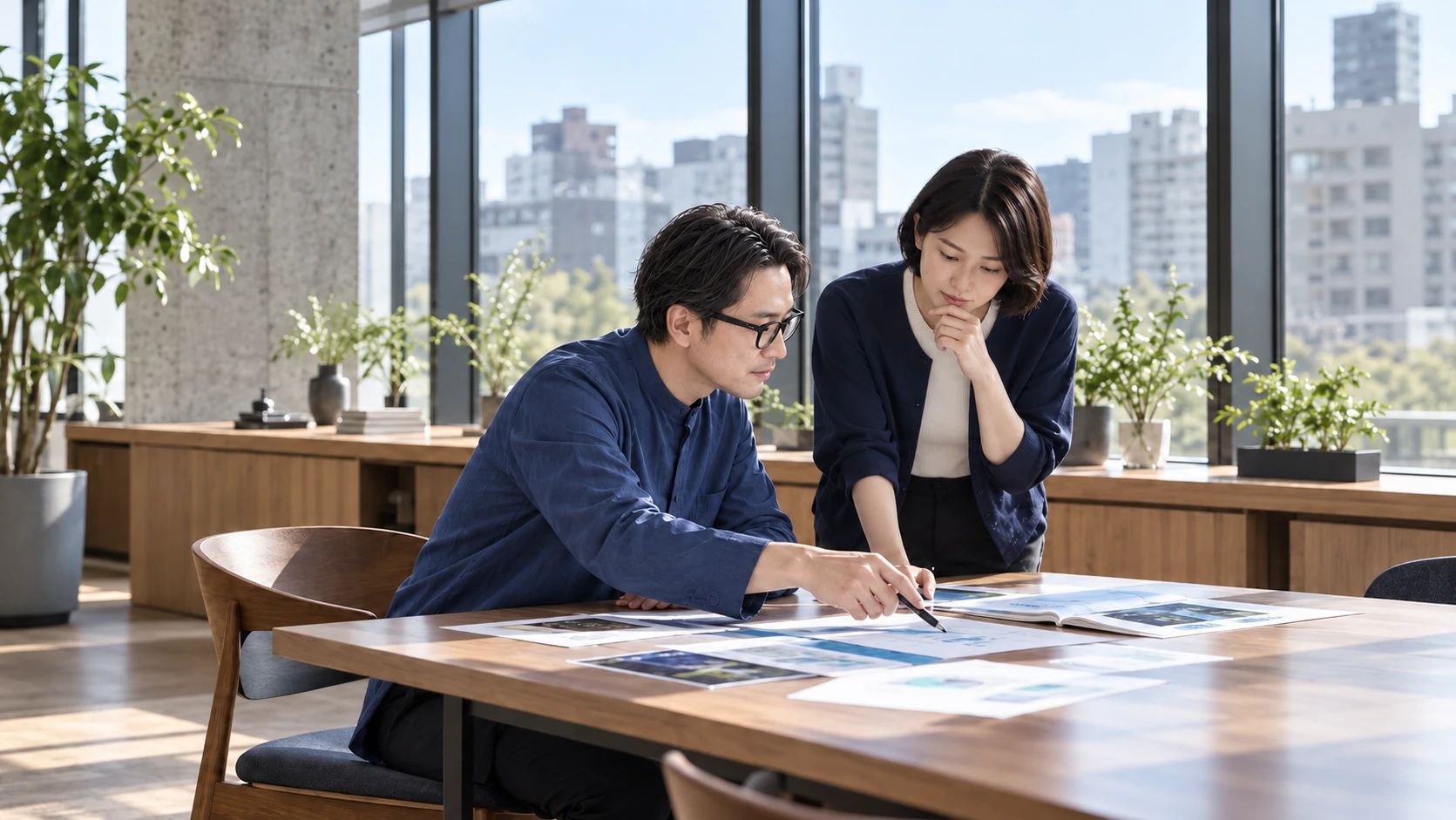 資料を確認しながら打ち合わせるスタッフ2人のイメージ